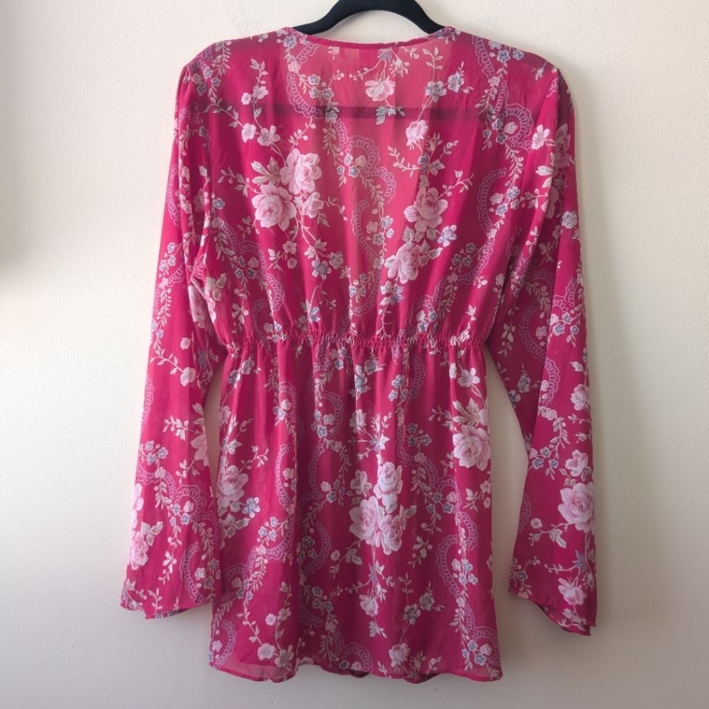 Victoria's Secret Sheer Top Women's Medium Large Robe Long Sleeve Rose Floral - Picture 2 of 6